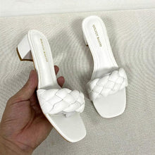 将图片加载到图库查看器,Summer Solid Weave Women Square Heel Sandal Fashion Thick High Heels Outdoor Party Slides Sandals Womens Open Toe Flat Slip-on Leather Weave Casual Walking Slippers Flip Flop