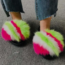 Load image into Gallery viewer, Summer Women Fox Fur Slippers Indoor Slides Fashion Flip Flops Casual Sandals Furry Fluffy Plush Slides Lightweight House Slippers Fluffy Sandals Outdoor Indoor Women Shoes