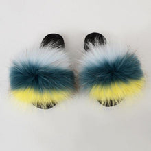 将图片加载到图库查看器,Summer Women Raccoon Fur Slippers Plush Slides Furry Sandals Fluffy House Shoes Girl's Cute Flip Flops Sandal With Soft Furry Faux Fox Fur House Outdoor Multicolor Slippers
