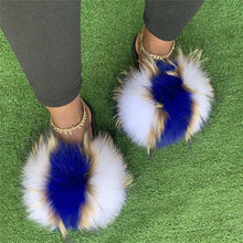 将图片加载到图库查看器,Summer Women Raccoon Fur Slippers Plush Slides Furry Sandals Fluffy House Shoes Girl's Cute Flip Flops Sandal With Soft Furry Faux Fox Fur House Outdoor Multicolor Slippers