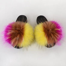 将图片加载到图库查看器,Summer Women Raccoon Fur Slippers Plush Slides Furry Sandals Fluffy House Shoes Girl's Cute Flip Flops Sandal With Soft Furry Faux Fox Fur House Outdoor Multicolor Slippers