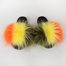 将图片加载到图库查看器,Summer Women Raccoon Fur Slippers Plush Slides Furry Sandals Fluffy House Shoes Girl's Cute Flip Flops Sandal With Soft Furry Faux Fox Fur House Outdoor Multicolor Slippers