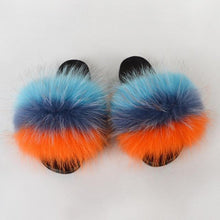 将图片加载到图库查看器,Summer Women Raccoon Fur Slippers Plush Slides Furry Sandals Fluffy House Shoes Girl's Cute Flip Flops Sandal With Soft Furry Faux Fox Fur House Outdoor Multicolor Slippers