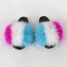 将图片加载到图库查看器,Summer Women Raccoon Fur Slippers Plush Slides Furry Sandals Fluffy House Shoes Girl's Cute Flip Flops Sandal With Soft Furry Faux Fox Fur House Outdoor Multicolor Slippers