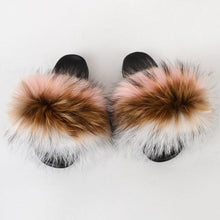 将图片加载到图库查看器,Summer Women Raccoon Fur Slippers Plush Slides Furry Sandals Fluffy House Shoes Girl's Cute Flip Flops Sandal With Soft Furry Faux Fox Fur House Outdoor Multicolor Slippers