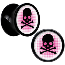 Load image into Gallery viewer, Black Acrylic Pink Black Skull Saddle Plug Set 0G