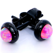 Load image into Gallery viewer, Pink Synthetic Opal Black IP 316L Surgical Steel Stud Earrings
