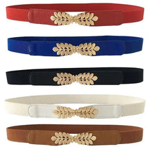 将图片加载到图库查看器,Thin Elastic Stretch Women Buckle Skinny Fashion Belts Metal Leaf Buckle Design Belts For Ladies