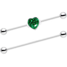 Load image into Gallery viewer, 14G Green Glitter Heart Industrial Barbell 38mm Set of 2