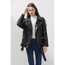 Load image into Gallery viewer, PU Faux Leather Jacket Women Loose Sashes Casual Biker Jackets Outwear Female Tops BF Style Black Leather Jacket Coat