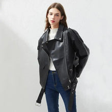 Load image into Gallery viewer, PU Faux Leather Jacket Women Loose Sashes Casual Biker Jackets Outwear Female Tops BF Style Black Leather Jacket Coat