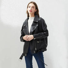 Load image into Gallery viewer, PU Faux Leather Jacket Women Loose Sashes Casual Biker Jackets Outwear Female Tops BF Style Black Leather Jacket Coat