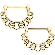 Load image into Gallery viewer, 14G 9/16 Gold Plated Lattice Style Leaves Nipple Clicker Set