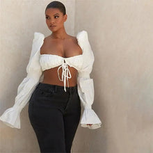 Load image into Gallery viewer, Trendy Summer cute casual elegant puff long sleeve ruffle lace up best fashion Ruched crop top shirts