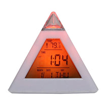 Load image into Gallery viewer, Triangle Pyramid Calendar Thermometer Colorful Backlight Change Clock Digital Alarm Clock Digital Alarm Thermometer Night Glowing Cube Clock LED Change LCD for Bedroom