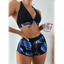 Load image into Gallery viewer, Tropical Print Halter Bikini Swimsuit with Swim Short