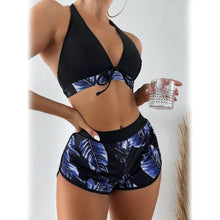 Load image into Gallery viewer, Tropical Print Halter Bikini Swimsuit with Swim Short