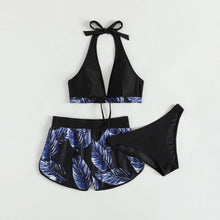 Load image into Gallery viewer, Tropical Print Halter Bikini Swimsuit with Swim Short