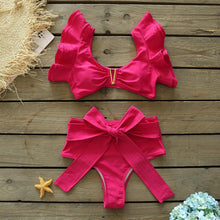 将图片加载到图库查看器,Two-Pieces Women Floral Push-Up Padded Bra Ruffles Bikini Set Swimsuit Swimwear Bathing Suit Beachwear Floral Printed Swimsuit Knotted String Triangle Bikini Tie Side High Cut Cheeky Bikini Set