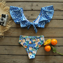 将图片加载到图库查看器,Two-Pieces Women Floral Push-Up Padded Bra Ruffles Bikini Set Swimsuit Swimwear Bathing Suit Beachwear Floral Printed Swimsuit Knotted String Triangle Bikini Tie Side High Cut Cheeky Bikini Set