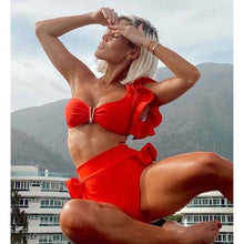 将图片加载到图库查看器,Two-Pieces Women Floral Push-Up Padded Bra Ruffles Bikini Set Swimsuit Swimwear Bathing Suit Beachwear Floral Printed Swimsuit Knotted String Triangle Bikini Tie Side High Cut Cheeky Bikini Set