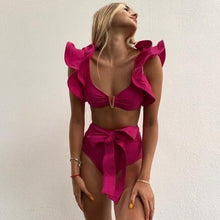 将图片加载到图库查看器,Two-Pieces Women Floral Push-Up Padded Bra Ruffles Bikini Set Swimsuit Swimwear Bathing Suit Beachwear Floral Printed Swimsuit Knotted String Triangle Bikini Tie Side High Cut Cheeky Bikini Set