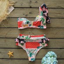 将图片加载到图库查看器,Two-Pieces Women Floral Push-Up Padded Bra Ruffles Bikini Set Swimsuit Swimwear Bathing Suit Beachwear Floral Printed Swimsuit Knotted String Triangle Bikini Tie Side High Cut Cheeky Bikini Set