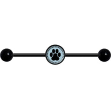 Load image into Gallery viewer, 14G Black on Blue Paw Print Black Industrial Barbell 37mm