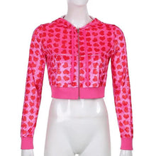 Load image into Gallery viewer, Unique Design Velvet Heart Print Cropped Top Bomber Jacket For Women Autumn Cute Pink Long Sleeve Coats Zipper Winter Overcoat