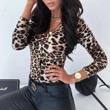 Load image into Gallery viewer, Unique Design Women's Snakeskin Leopard Print Blouse Ladies Casual Long Sleeve V-neck Button Down Bodycon Slim Fit Tops