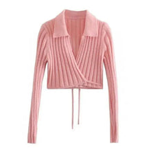 将图片加载到图库查看器,Unique Design Women's Sweater Solid Cross V-Neck Lace Up Bow Jumpers Long Sleeve Cardigan Female Spring Knitted Coat