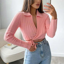 将图片加载到图库查看器,Unique Design Women's Sweater Solid Cross V-Neck Lace Up Bow Jumpers Long Sleeve Cardigan Female Spring Knitted Coat