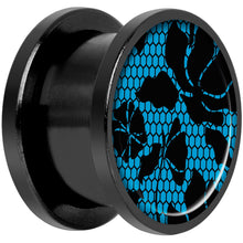 Load image into Gallery viewer, Blue Floral Lace Black Anodized Screw Fit Plug Set 9/16