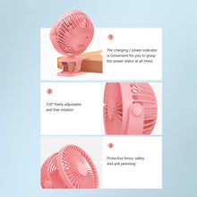 Load image into Gallery viewer, USB Mini Fan Mini Student Class Dormitory Quiet Office Desktop Clip Charging Fan Ultra Long Range Silent Clip Fan Rechargeable Fan with 3 Speeds Strong Clamp 360°Rotate Personal Fan for Office Home