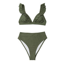 Load image into Gallery viewer, V-neck Ruffled High-waist Bikini Sets Swimsuit Womens Ruffle Flounce Triangle Bathing Suits Cute Two Piece Swimsuits Women Solid Brown Two Pieces Swimwear New Beach Bathing Suits