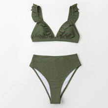 Load image into Gallery viewer, V-neck Ruffled High-waist Bikini Sets Swimsuit Womens Ruffle Flounce Triangle Bathing Suits Cute Two Piece Swimsuits Women Solid Brown Two Pieces Swimwear New Beach Bathing Suits