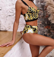 将图片加载到图库查看器,Vintage Black Print Women's Bikini Set Women's Halter Beautiful Print High Waist Swimsuit Bathing Suits Bikini Set Lace Strappy Padded Bra High Waist Bottoms Swimsuit Fashion Female Beachwear Luxury Swimwear