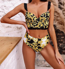将图片加载到图库查看器,Vintage Black Print Women's Bikini Set Women's Halter Beautiful Print High Waist Swimsuit Bathing Suits Bikini Set Lace Strappy Padded Bra High Waist Bottoms Swimsuit Fashion Female Beachwear Luxury Swimwear