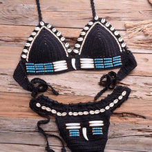 Load image into Gallery viewer, Vintage Blue Bikinis 2 Piece Halter Bikini Set Women High Waist Sequin Swimsuit Set Handmade Crochet High Quality Swimsuit Women Push Up Swimwear Knitted Beach Wear Bathing Suit