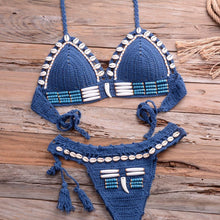 Load image into Gallery viewer, Vintage Blue Bikinis 2 Piece Halter Bikini Set Women High Waist Sequin Swimsuit Set Handmade Crochet High Quality Swimsuit Women Push Up Swimwear Knitted Beach Wear Bathing Suit