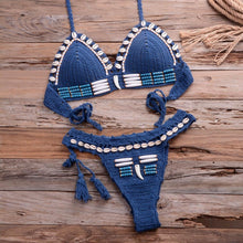 Load image into Gallery viewer, Vintage Blue Bikinis 2 Piece Halter Bikini Set Women High Waist Sequin Swimsuit Set Handmade Crochet High Quality Swimsuit Women Push Up Swimwear Knitted Beach Wear Bathing Suit