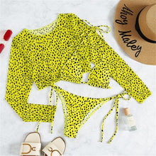 Load image into Gallery viewer, Vintage Halter Printed Leopard Bikini Female Lace Up Bottom Swimsuit Women Swimwear Long Sleeve Bathing Suits Leopard Print Swimsuit Three-pieces Bikini Set Long Sleeve Bathing Suit Cute Swimwear