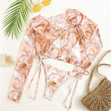 Load image into Gallery viewer, Vintage Halter Printed Leopard Bikini Female Lace Up Bottom Swimsuit Women Swimwear Long Sleeve Bathing Suits Leopard Print Swimsuit Three-pieces Bikini Set Long Sleeve Bathing Suit Cute Swimwear
