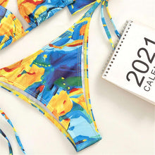 Load image into Gallery viewer, Vintage Halter Printed Leopard Bikini Female Lace Up Bottom Swimsuit Women Swimwear Long Sleeve Bathing Suits Leopard Print Swimsuit Three-pieces Bikini Set Long Sleeve Bathing Suit Cute Swimwear