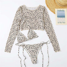 Load image into Gallery viewer, Vintage Halter Printed Leopard Bikini Female Lace Up Bottom Swimsuit Women Swimwear Long Sleeve Bathing Suits Leopard Print Swimsuit Three-pieces Bikini Set Long Sleeve Bathing Suit Cute Swimwear
