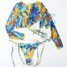 Load image into Gallery viewer, Vintage Halter Printed Leopard Bikini Female Lace Up Bottom Swimsuit Women Swimwear Long Sleeve Bathing Suits Leopard Print Swimsuit Three-pieces Bikini Set Long Sleeve Bathing Suit Cute Swimwear