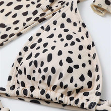 Load image into Gallery viewer, Vintage Halter Printed Leopard Bikini Female Lace Up Bottom Swimsuit Women Swimwear Long Sleeve Bathing Suits Leopard Print Swimsuit Three-pieces Bikini Set Long Sleeve Bathing Suit Cute Swimwear