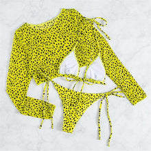 Load image into Gallery viewer, Vintage Halter Printed Leopard Bikini Female Lace Up Bottom Swimsuit Women Swimwear Long Sleeve Bathing Suits Leopard Print Swimsuit Three-pieces Bikini Set Long Sleeve Bathing Suit Cute Swimwear