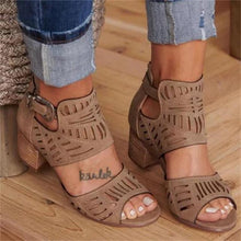 Load image into Gallery viewer, Vintage Hollow Out Sandals Mid Heel Summer Slip-On Buckle Shoes Artificial Open Toe Casual Wedding Hollow Out Lace Closure Low Heels Sandals For Women Peep Toe Comfort Non-Slip Flat Sandals