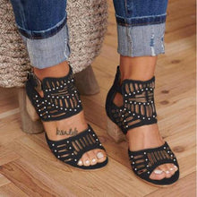 Load image into Gallery viewer, Vintage Hollow Out Sandals Mid Heel Summer Slip-On Buckle Shoes Artificial Open Toe Casual Wedding Hollow Out Lace Closure Low Heels Sandals For Women Peep Toe Comfort Non-Slip Flat Sandals